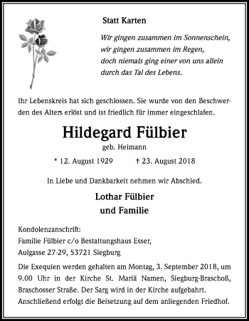 Anzeige von Hildegard Fülbier von Kölner Stadt-Anzeiger / Kölnische Rundschau / Express
