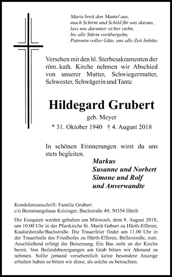 Anzeige von Hildegard Grubert von Kölner Stadt-Anzeiger / Kölnische Rundschau / Express