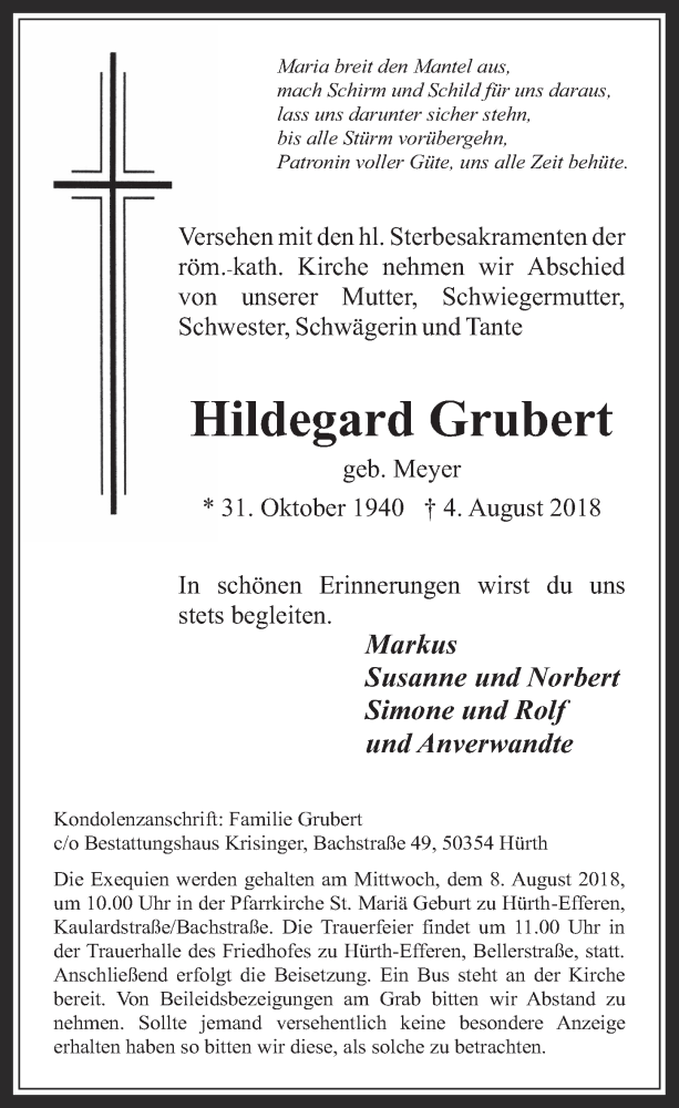  Traueranzeige für Hildegard Grubert vom 08.08.2018 aus  Wochenende 