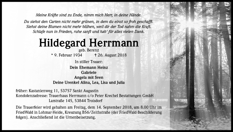  Traueranzeige für Hildegard Herrmann vom 01.09.2018 aus Kölner Stadt-Anzeiger / Kölnische Rundschau / Express