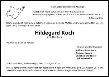 Anzeige von Hildegard Koch von Kölner Stadt-Anzeiger / Kölnische Rundschau / Express