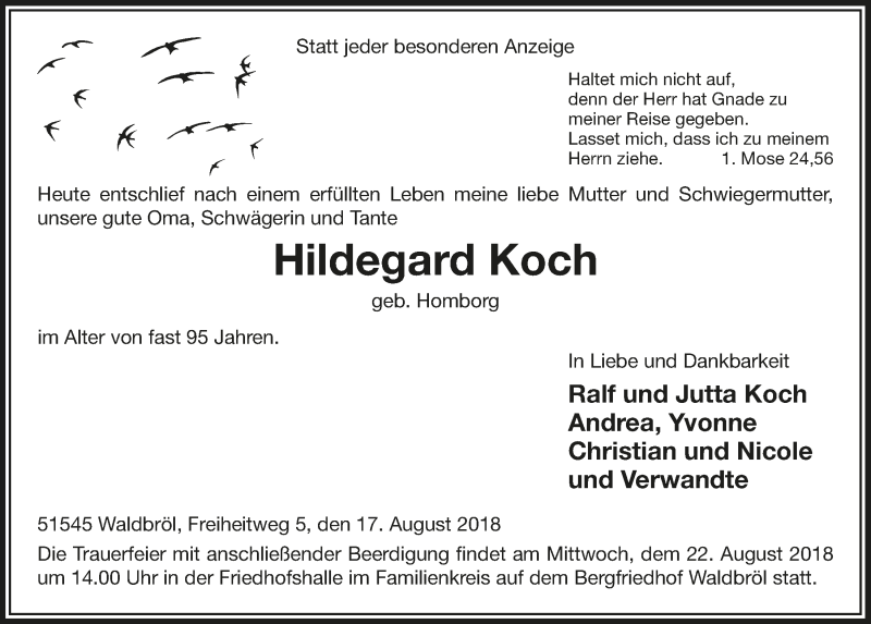  Traueranzeige für Hildegard Koch vom 22.08.2018 aus  Lokalanzeiger 
