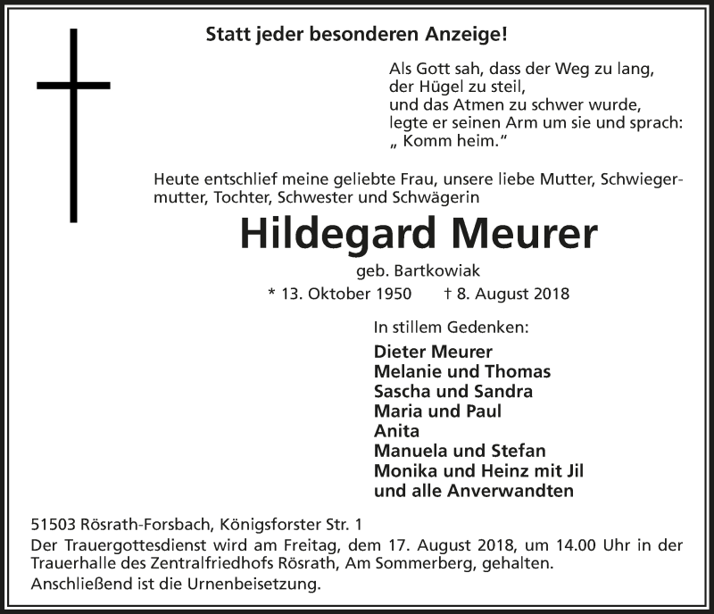  Traueranzeige für Hildegard Meurer vom 15.08.2018 aus  Bergisches Handelsblatt 