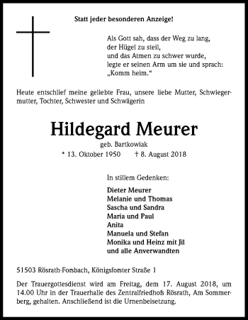 Anzeige von Hildegard Meurer von Kölner Stadt-Anzeiger / Kölnische Rundschau / Express