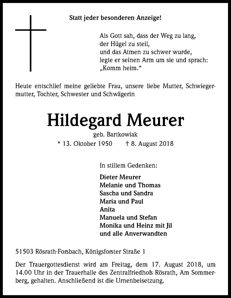  Traueranzeige für Hildegard Meurer vom 11.08.2018 aus Kölner Stadt-Anzeiger / Kölnische Rundschau / Express