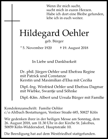Anzeige von Hildegard Oehler von Kölner Stadt-Anzeiger / Kölnische Rundschau / Express