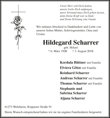 Anzeige von Hildegard Scharrer von  Schaufenster/Blickpunkt 