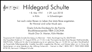 Anzeige von Hildegard Schulte von Kölner Stadt-Anzeiger / Kölnische Rundschau / Express