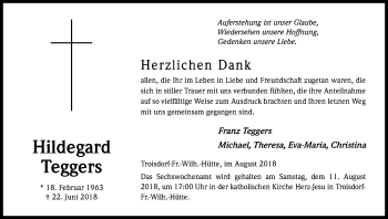 Anzeige von Hildegard Teggers von Kölner Stadt-Anzeiger / Kölnische Rundschau / Express