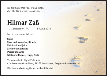 Anzeige von Hilmar Zaß von Kölner Stadt-Anzeiger / Kölnische Rundschau / Express