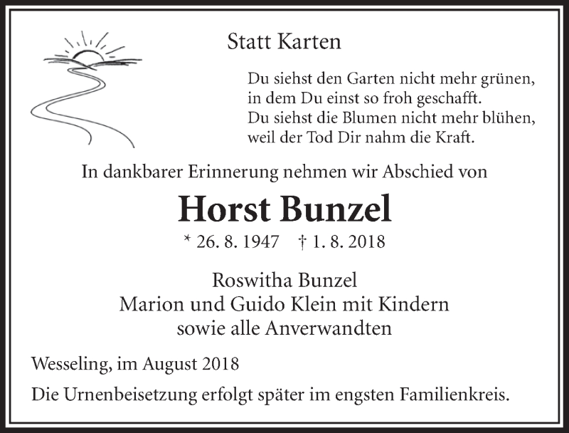  Traueranzeige für Horst Bunzel vom 08.08.2018 aus  Schlossbote/Werbekurier 
