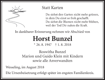 Anzeige von Horst Bunzel von  Schlossbote/Werbekurier 