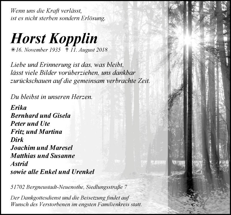  Traueranzeige für Horst Kopplin vom 15.08.2018 aus  Anzeigen Echo 