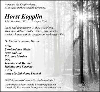 Anzeige von Horst Kopplin von Kölner Stadt-Anzeiger / Kölnische Rundschau / Express
