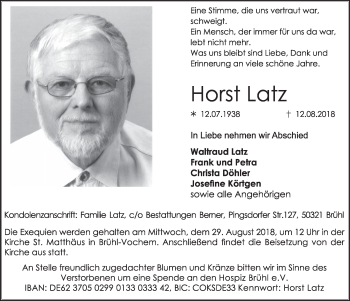 Anzeige von Horst Latz von  Schlossbote/Werbekurier 