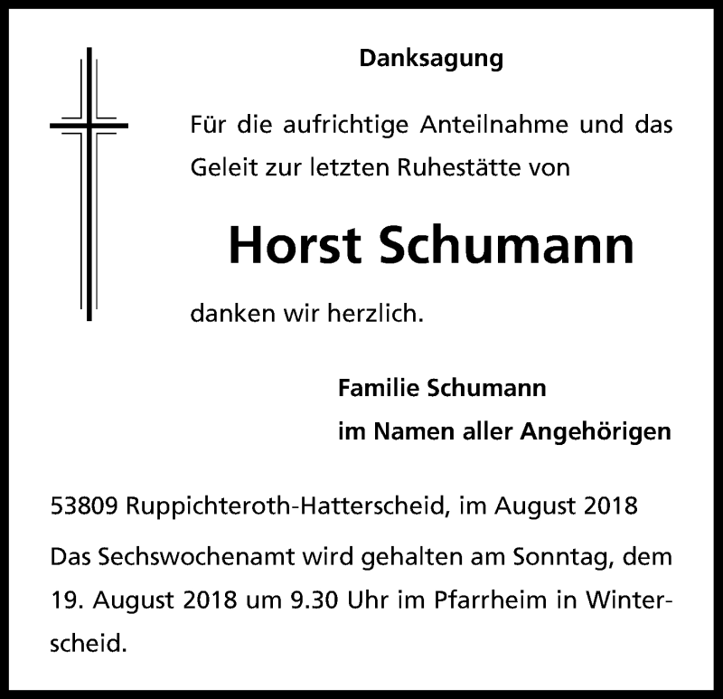  Traueranzeige für Horst Schumann vom 14.08.2018 aus Kölner Stadt-Anzeiger / Kölnische Rundschau / Express