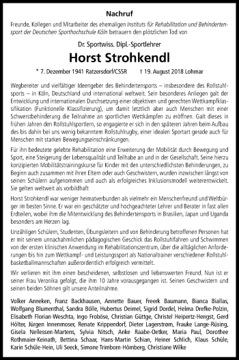 Anzeige von Horst Strohkendl von Kölner Stadt-Anzeiger / Kölnische Rundschau / Express