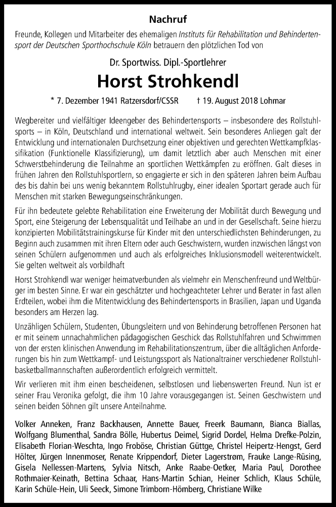  Traueranzeige für Horst Strohkendl vom 01.09.2018 aus Kölner Stadt-Anzeiger / Kölnische Rundschau / Express