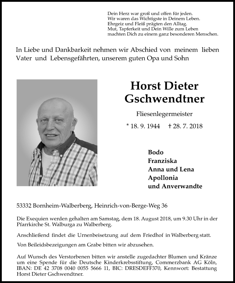  Traueranzeige für Horst Dieter Gschwendtner vom 11.08.2018 aus Kölner Stadt-Anzeiger / Kölnische Rundschau / Express