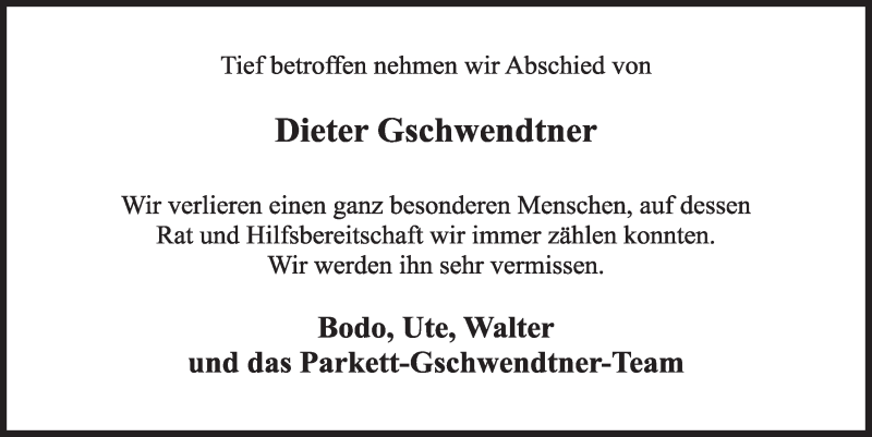  Traueranzeige für Horst Dieter Gschwendtner vom 15.08.2018 aus  Schlossbote/Werbekurier 