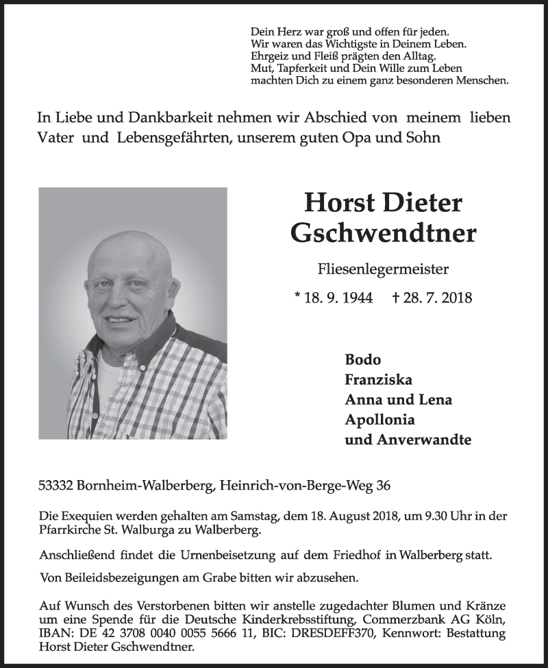  Traueranzeige für Horst Dieter Gschwendtner vom 15.08.2018 aus  Schlossbote/Werbekurier 