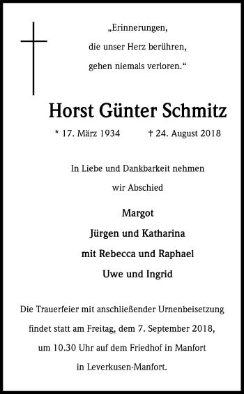 Anzeige von Horst Günter Schmitz von Kölner Stadt-Anzeiger / Kölnische Rundschau / Express