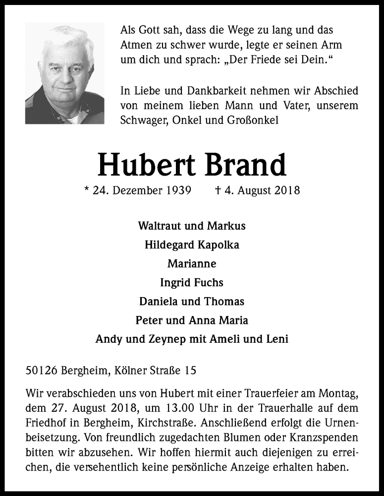  Traueranzeige für Hubert Brand vom 22.08.2018 aus Kölner Stadt-Anzeiger / Kölnische Rundschau / Express