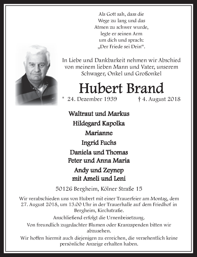  Traueranzeige für Hubert Brand vom 18.08.2018 aus  Sonntags-Post 