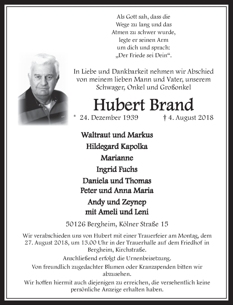  Traueranzeige für Hubert Brand vom 22.08.2018 aus  Werbepost 
