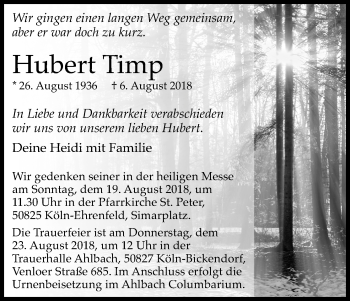 Anzeige von Hubert Timp von Kölner Stadt-Anzeiger / Kölnische Rundschau / Express