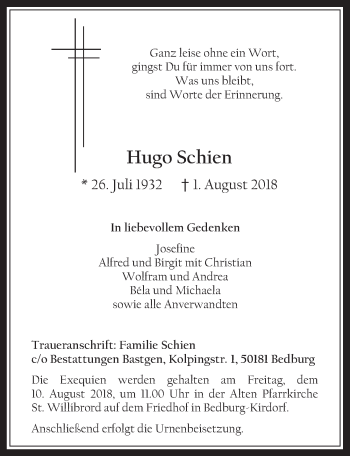 Anzeige von Hugo Schien von  Werbepost 
