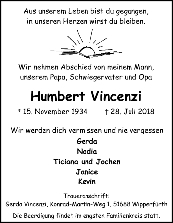 Anzeige von Humbert Vincenzi von Kölner Stadt-Anzeiger / Kölnische Rundschau / Express