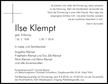 Anzeige von Ilse Klempt von Kölner Stadt-Anzeiger / Kölnische Rundschau / Express