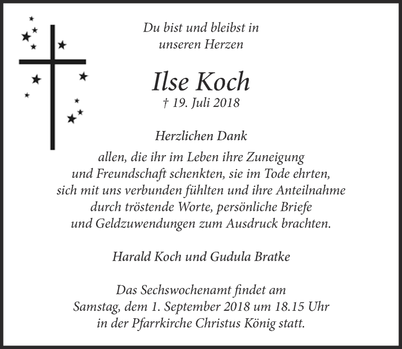  Traueranzeige für Ilse Koch vom 15.08.2018 aus  Kölner Wochenspiegel 