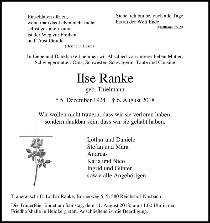 Traueranzeige für Ilse Ranke vom 09.08.2018 aus Kölner Stadt-Anzeiger / Kölnische Rundschau / Express
