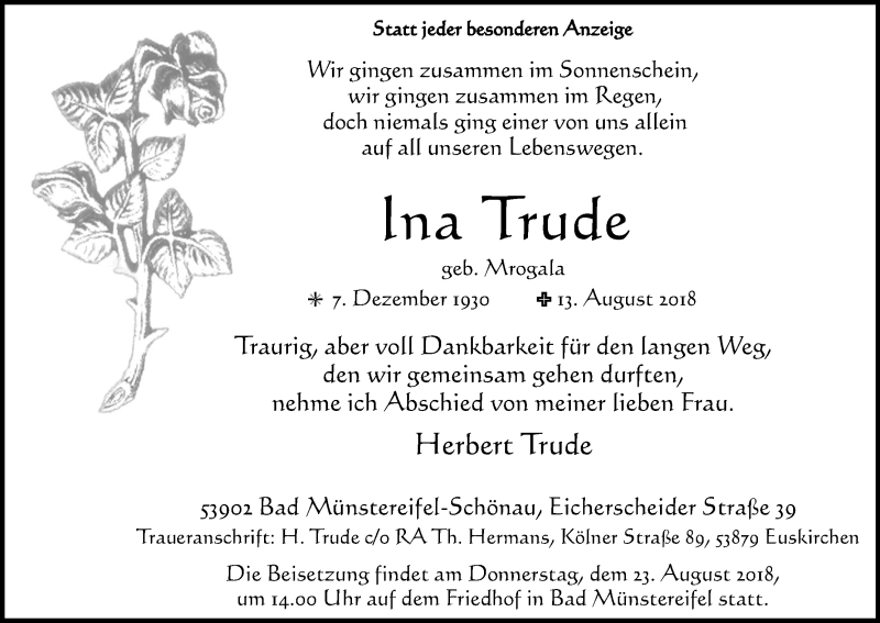  Traueranzeige für Ina Trude vom 18.08.2018 aus Kölner Stadt-Anzeiger / Kölnische Rundschau / Express