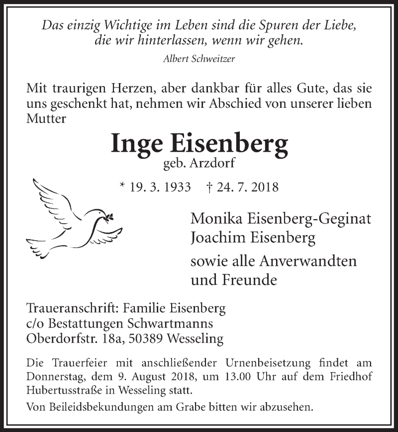  Traueranzeige für Inge Eisenberg vom 08.08.2018 aus  Schlossbote/Werbekurier 