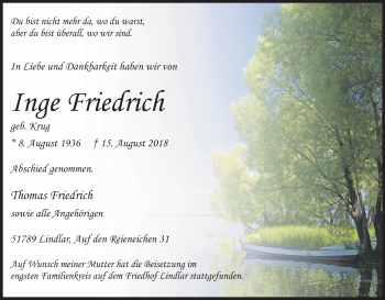 Anzeige von Inge Friedrich von Kölner Stadt-Anzeiger / Kölnische Rundschau / Express