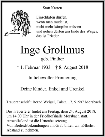 Anzeige von Inge Grollmus von  Lokalanzeiger 