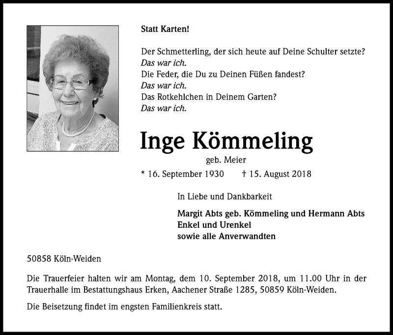  Traueranzeige für Inge Kömmeling vom 01.09.2018 aus Kölner Stadt-Anzeiger / Kölnische Rundschau / Express