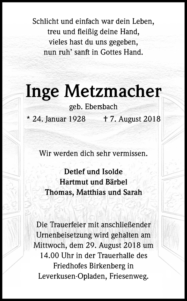  Traueranzeige für Inge Metzmacher vom 25.08.2018 aus Kölner Stadt-Anzeiger / Kölnische Rundschau / Express