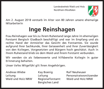 Anzeige von Inge Reinshagen von Kölner Stadt-Anzeiger / Kölnische Rundschau / Express