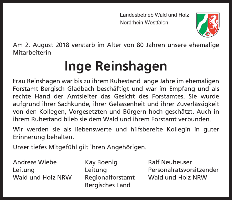  Traueranzeige für Inge Reinshagen vom 30.08.2018 aus Kölner Stadt-Anzeiger / Kölnische Rundschau / Express