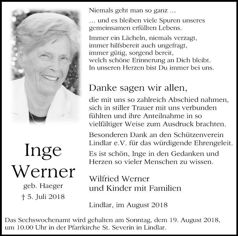  Traueranzeige für Inge Werner vom 11.08.2018 aus Kölner Stadt-Anzeiger / Kölnische Rundschau / Express