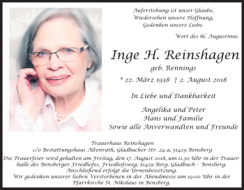 Anzeige von Inge H. Reinshagen von Kölner Stadt-Anzeiger / Kölnische Rundschau / Express