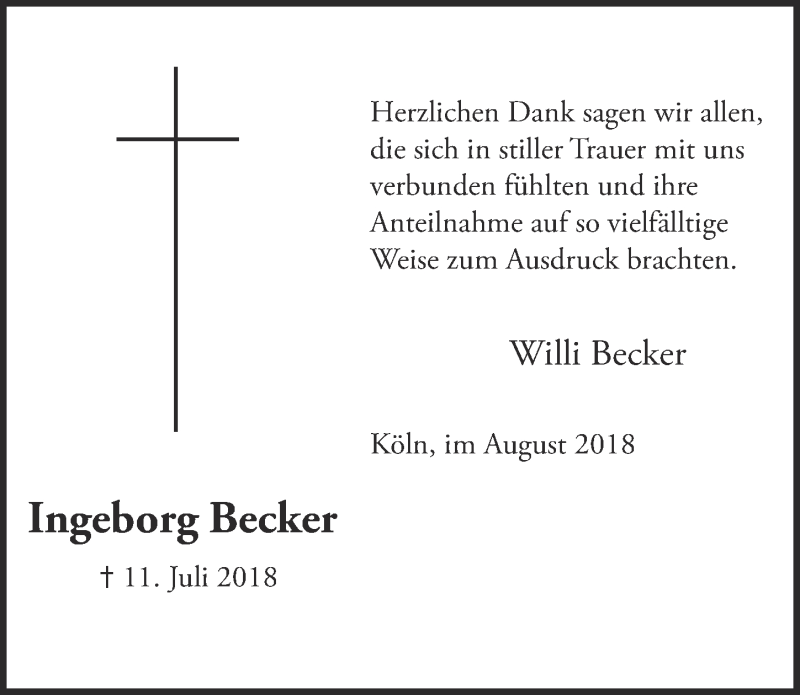  Traueranzeige für Ingeborg Becker vom 08.08.2018 aus  Kölner Wochenspiegel 