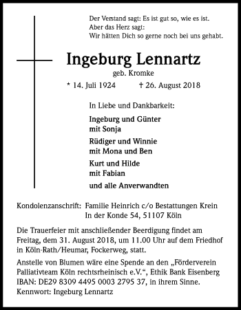 Anzeige von Ingeburg Lennartz von Kölner Stadt-Anzeiger / Kölnische Rundschau / Express
