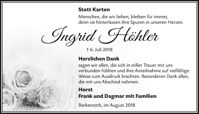  Traueranzeige für Ingrid Höhler vom 15.08.2018 aus  Lokalanzeiger 