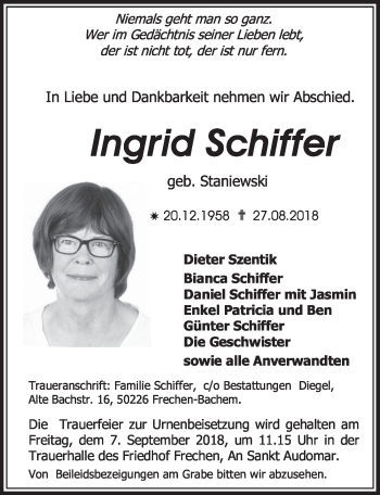 Anzeige von Ingrid Schiffer von  Sonntags-Post 