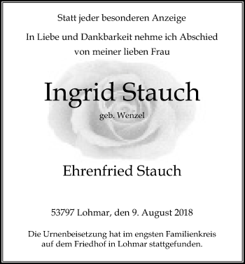 Anzeige von Ingrid Stauch von Kölner Stadt-Anzeiger / Kölnische Rundschau / Express